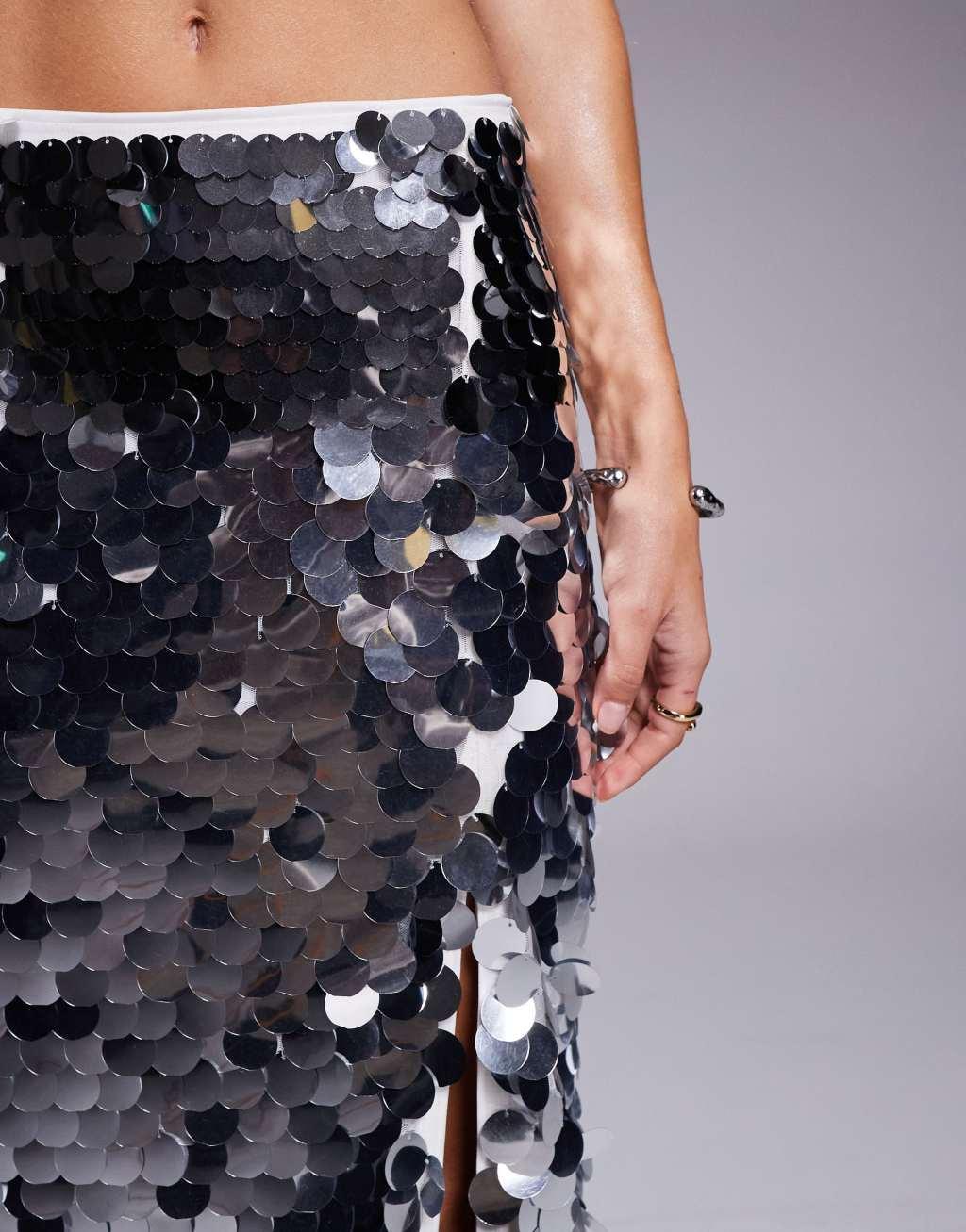 ASOS DESIGN large sequin midi skirt in silver Product Image