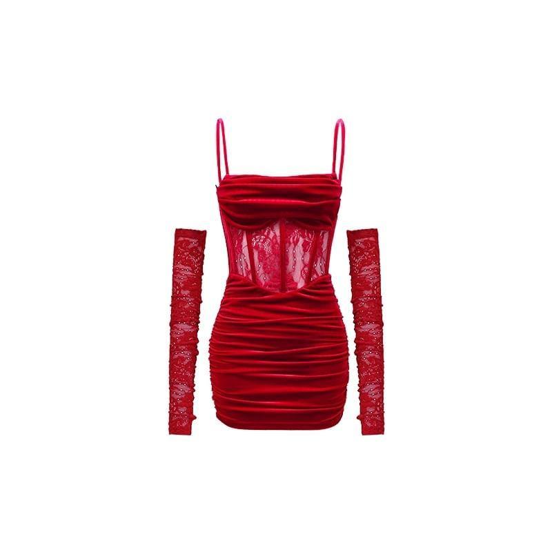 Spaghetti Strap Velvet Panel Lace Bodycon Dress with Arm Sleeves (Various Designs) Product Image