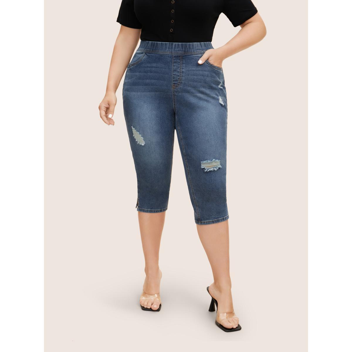 Plus Size Dark Wash Elastic Waist Distressed Slit Hem Jeans Women Denimblue Casual Distressed High stretch Slanted pocket Jeans BloomChic 16/1X Product Image