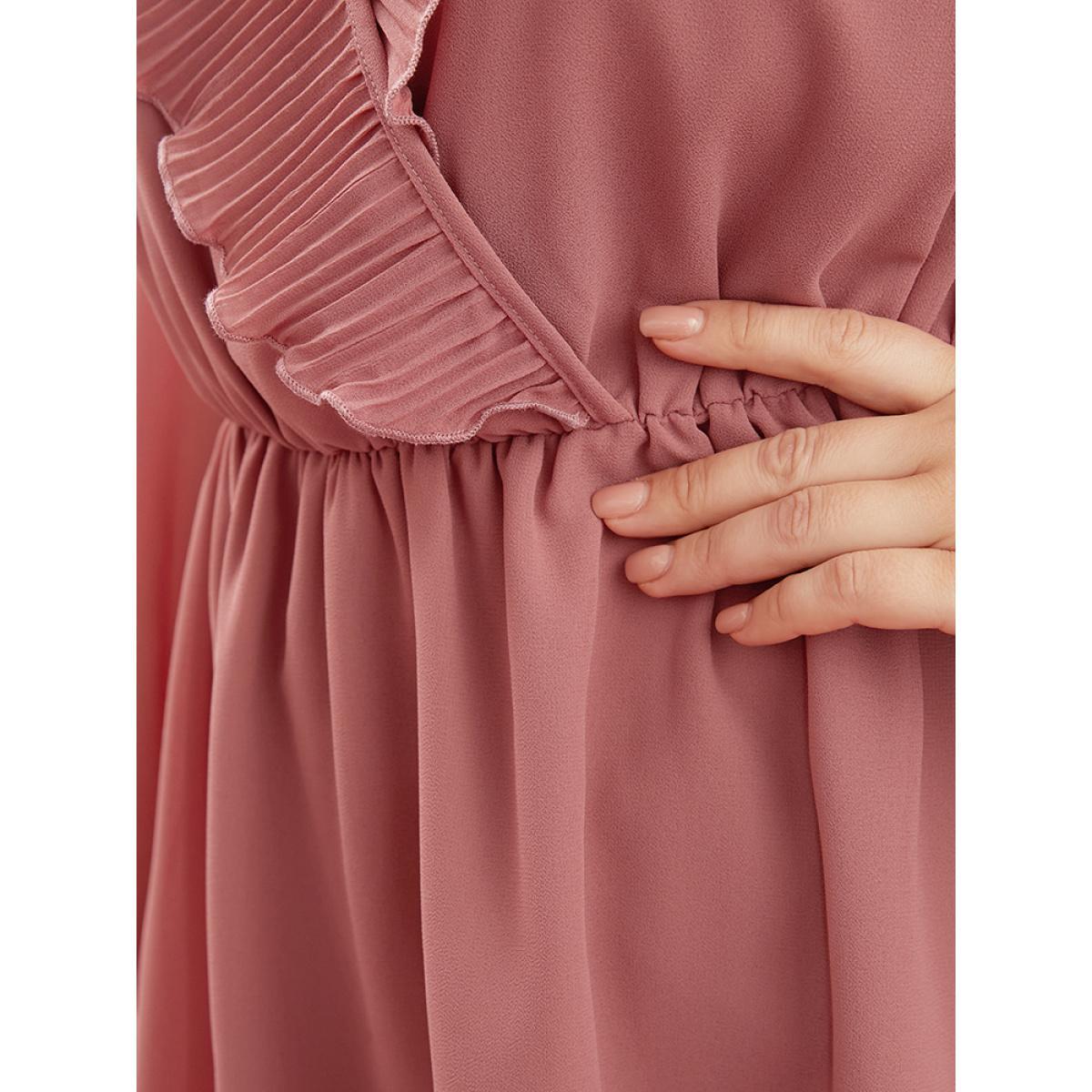 Plus Size DustyPink Solid Lantern Sleeve Pleated Ruffle Trim Wrap Blouse Women Elegant Long Sleeve V-neck Dailywear Blouses BloomChic 14-16/1X Product Image
