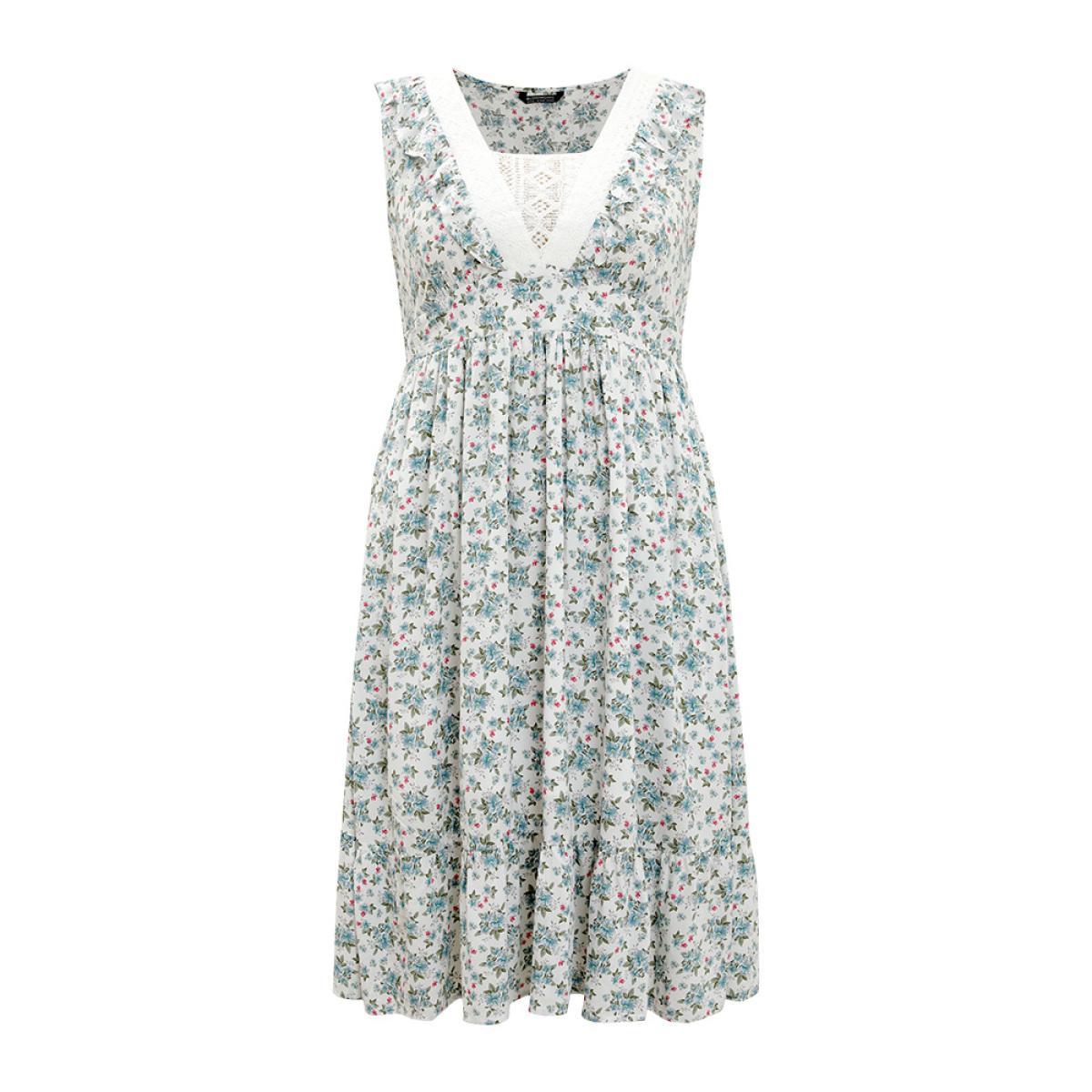 Plus Size Ditsy Floral Ruffles Pocket Empire Waist Crochet Lace Tank Dress WhiteSmoke Women Elegant Gathered V-neck Sleeveless Curvy Midi Dress BloomChic 10/M Product Image