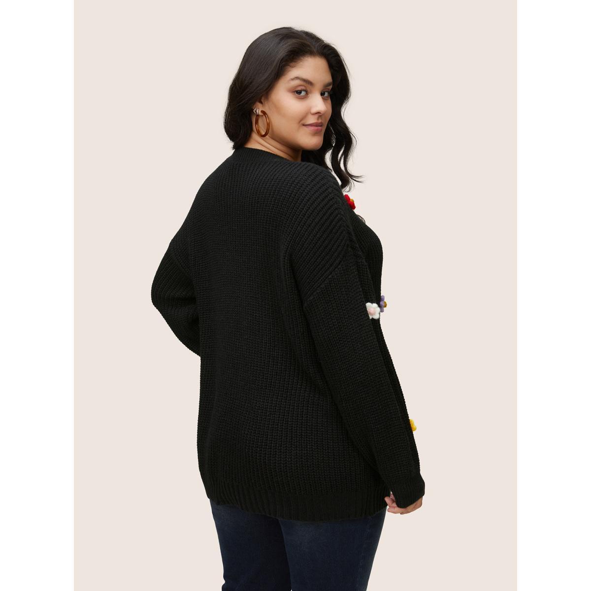Plus Size Stereo Flower Design Round Neck Pullover Black Women Casual Long Sleeve Round Neck Everyday Pullovers BloomChic 12/L Product Image
