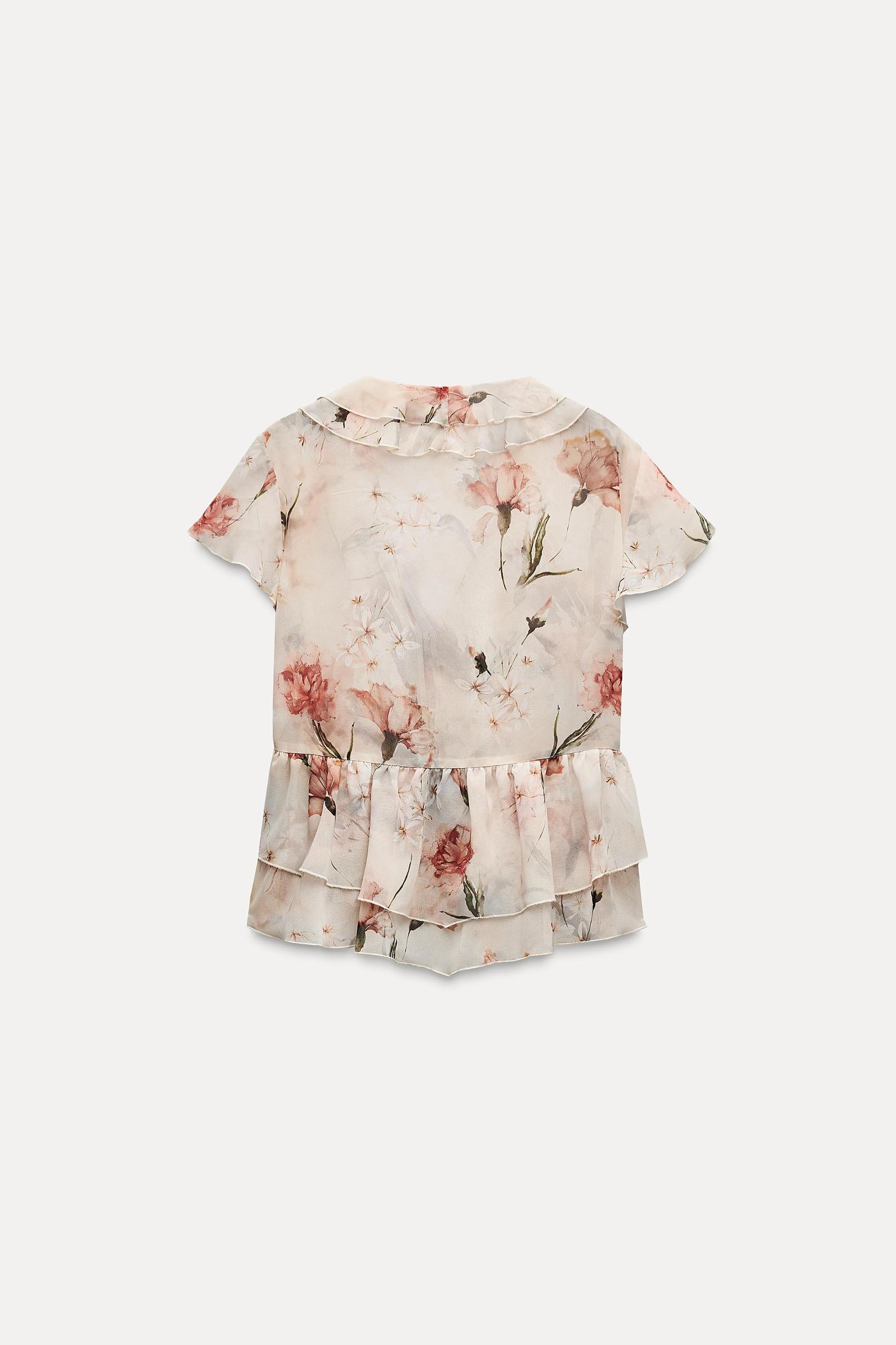 FLORAL PRINT RUFFLE BLOUSE WITH TIE Product Image
