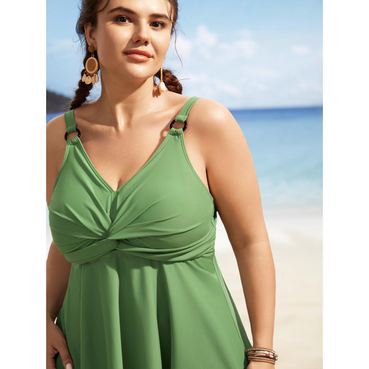 Plus Size Twist Front Round Buckle Detail Swim Top Women's Swimwear Palemauve Beach Twist High stretch Bodycon Heart neckline Curve Swim Tops BloomChic 14-16/1X Product Image