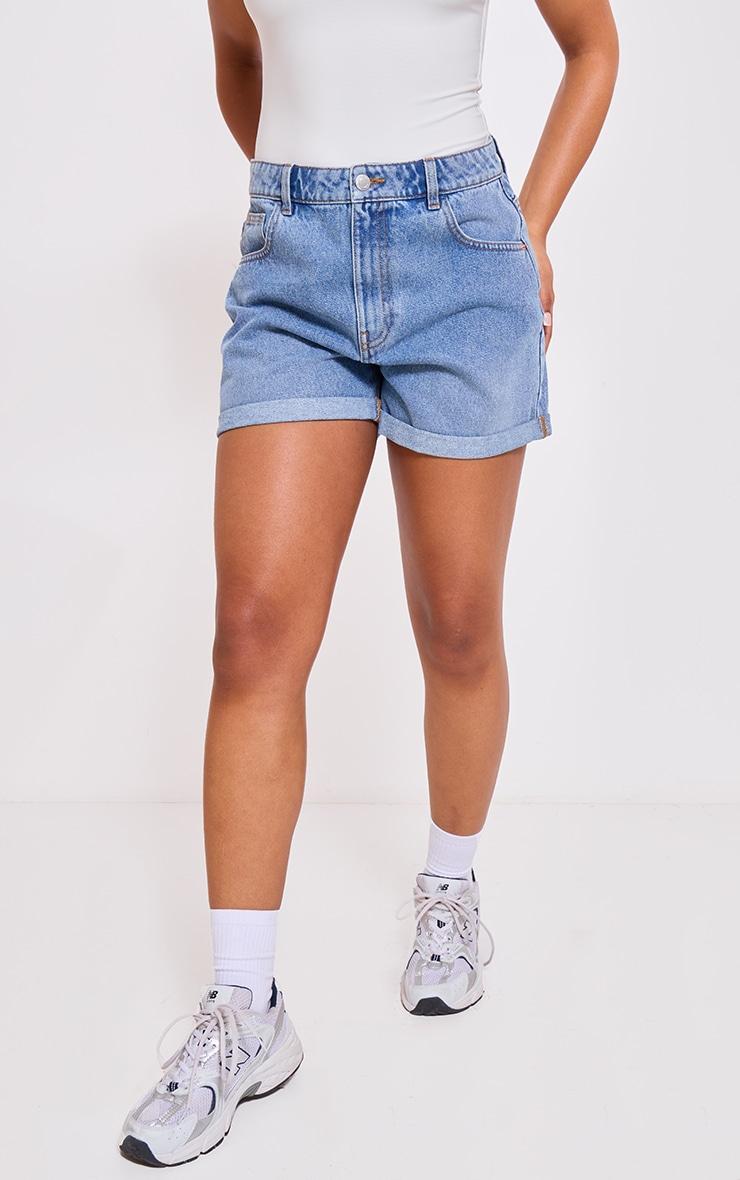 Mid Blue Wash Turn Up Mom Denim Shorts Product Image
