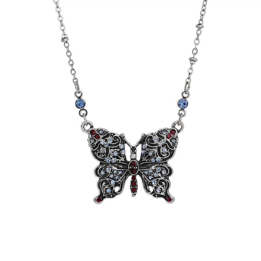 1928 Silver-Tone Butterfly Multicolored Stones Necklace, Womens Product Image
