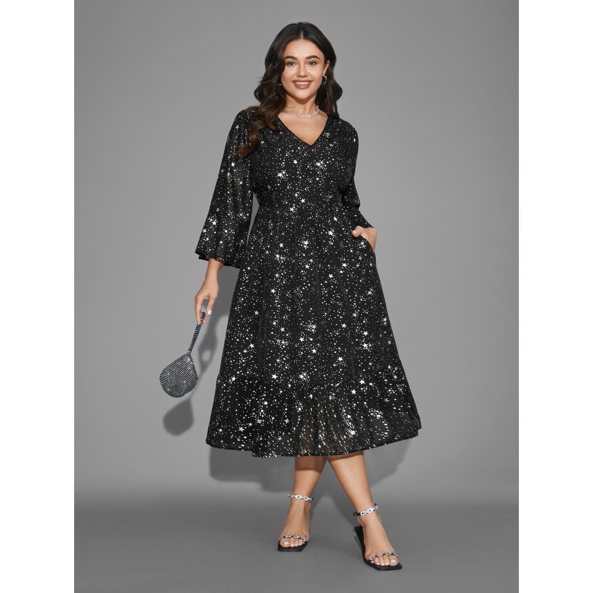 Plus Size Glitter Star Flutter Sleeve Chiffon Dress Black Women Cocktail Gathered Knit Dresses Bloomchic 18-20/2X Product Image