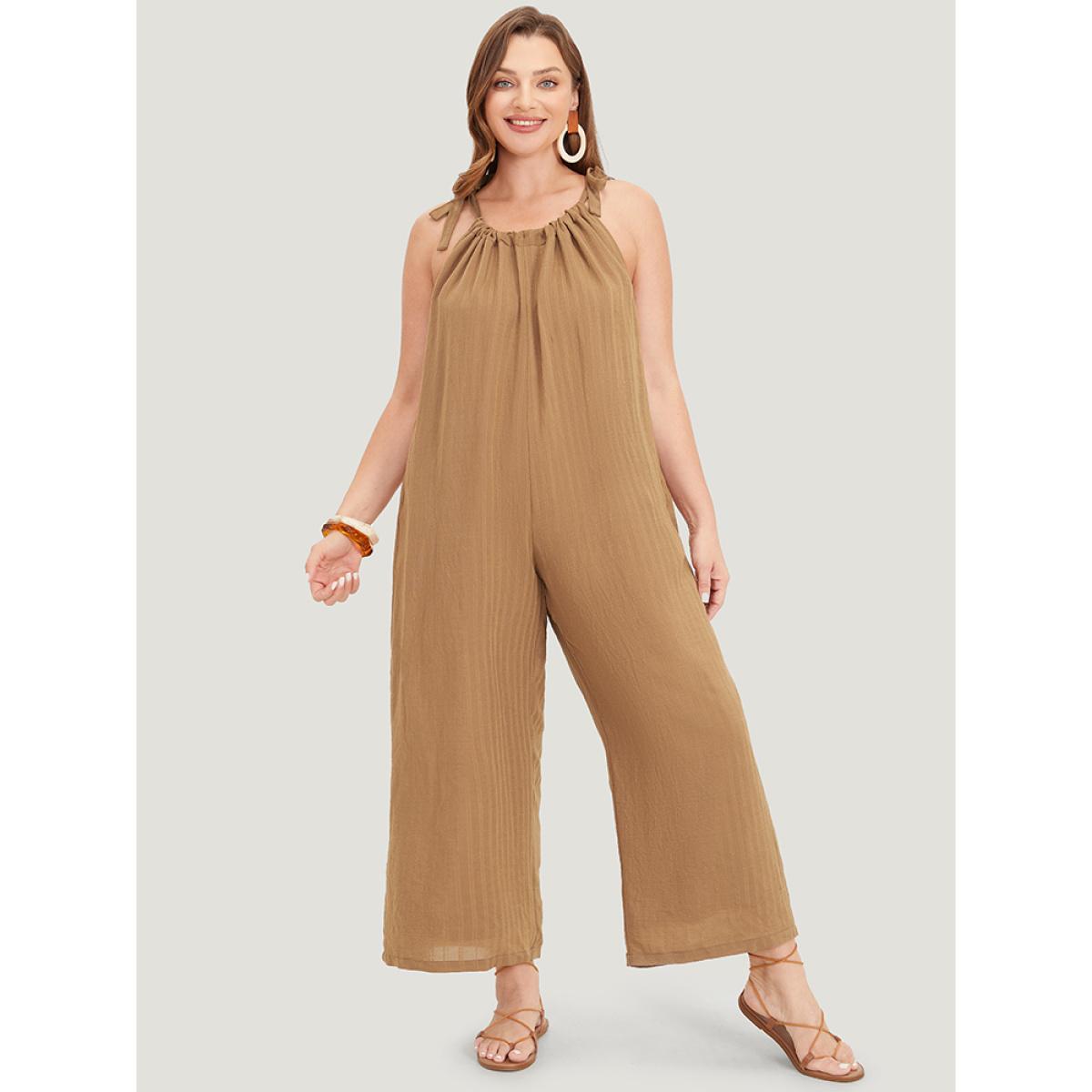 Plus Size Bronze Plain Textured Pocket Halter Tie Overall Jumpsuit Women Casual Sleeveless Spaghetti Strap Dailywear Loose Jumpsuits BloomChic 26/4X Product Image