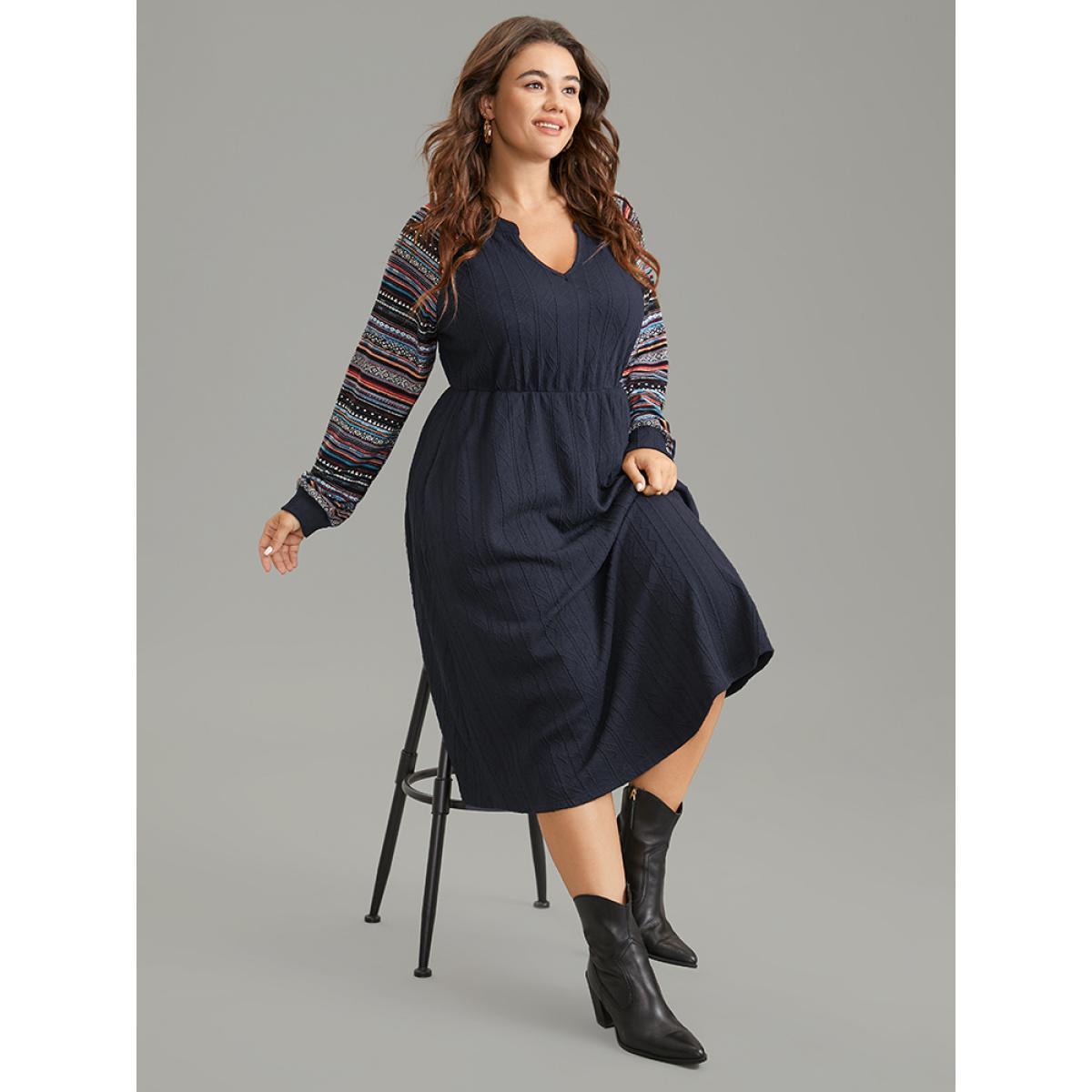 Plus Size Bandana Patchwork Elastic Waist Notched Dress Navy Women Casual Printed Notched collar Long Sleeve Curvy Midi Dress BloomChic 10/M Product Image
