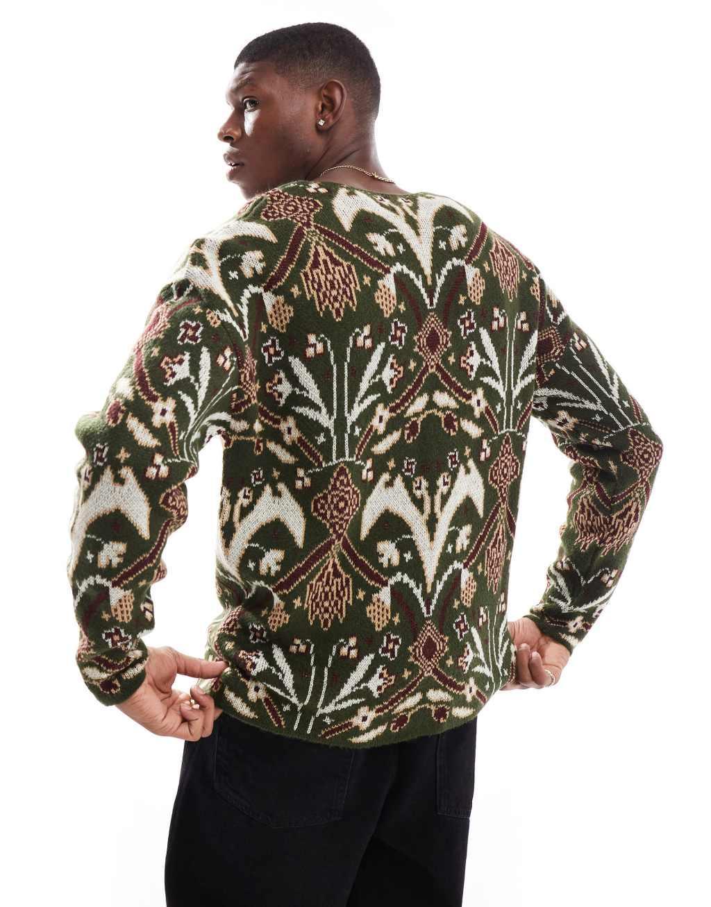 ASOS DESIGN knit relaxed cardigan with paisley pattern in olive Product Image
