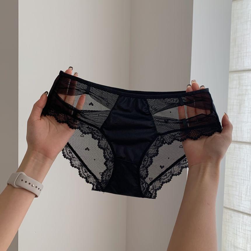 Heart Print Lace Trim Mesh Panel Bikini Panties Product Image