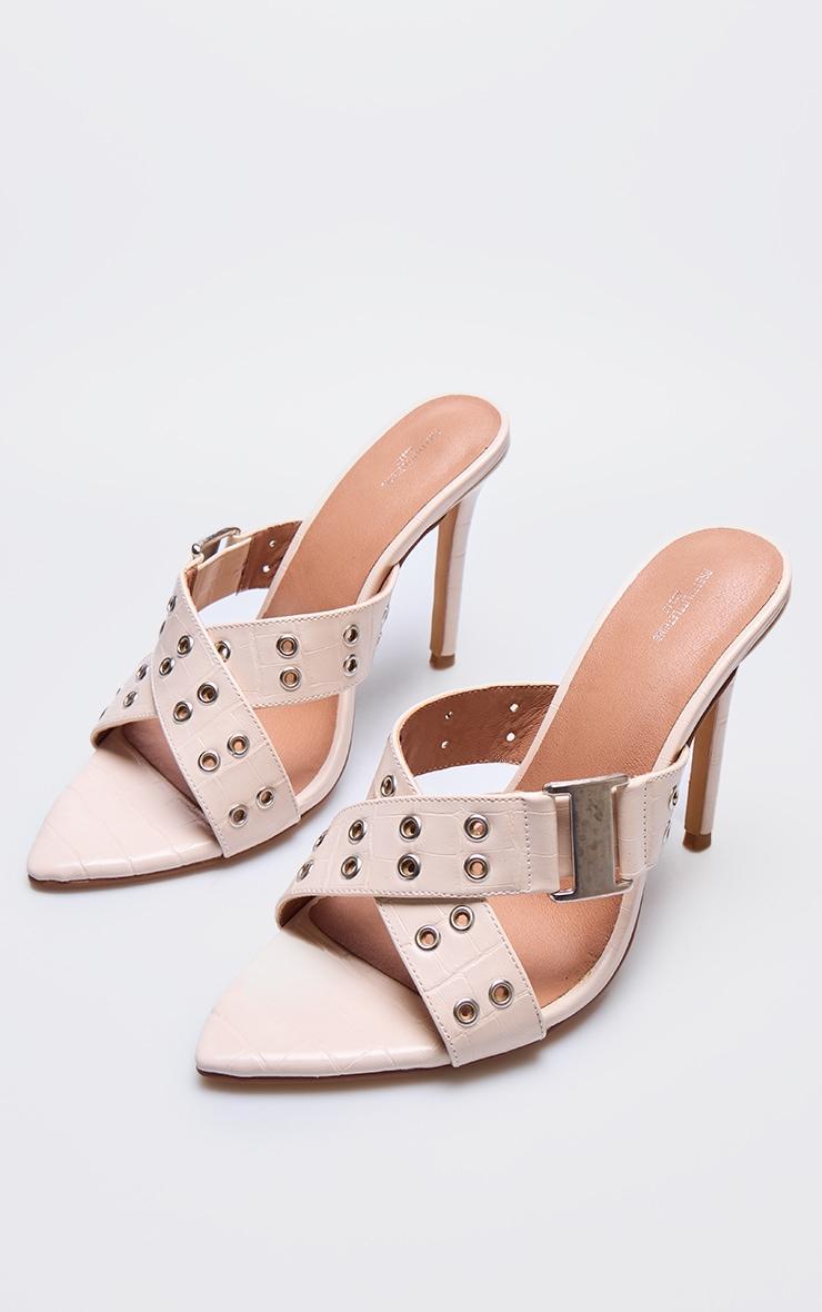 Cream Wide Fit Croc Pu Point Toe Buckle Detail Heeled Mules Product Image