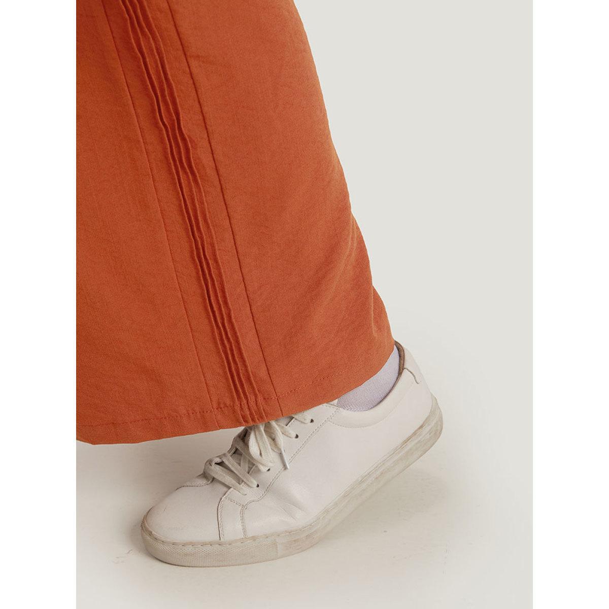 Plus Size Plain Plicated Detail Pocket Elastic Waist Wide leg Pants Women Chocolate Casual Straight Leg High Rise Dailywear Pants BloomChic 22-24/3X Product Image