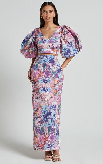 Kimberly Two Piece Set - Puff Sleeve Crop Top and High Waist Midi Skirt in Vintage Garden Print B Product Image