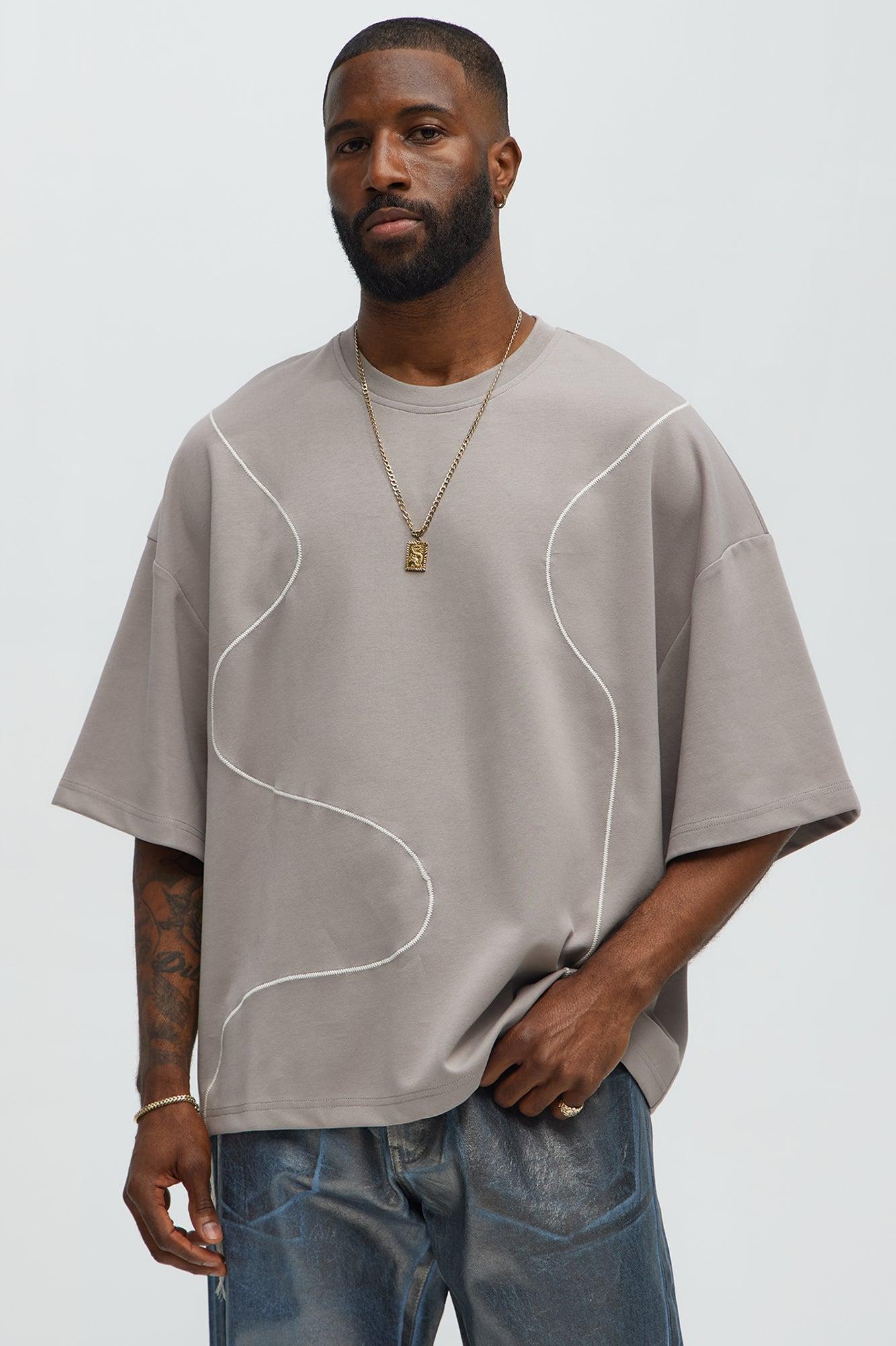 Vertical Wavy Contrast Stitch Boxy Cropped Tee - Taupe Product Image