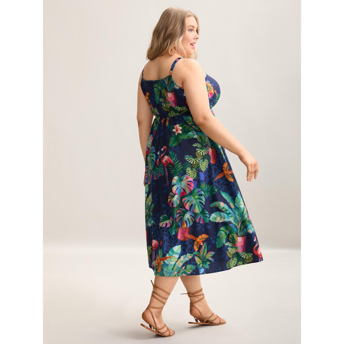 Plus Size Tropical Pattern Surplice Pockets Midi Dress DarkBlue Women Resort Non Overlap Collar Sleeveless Curvy BloomChic 22-24/3X Product Image