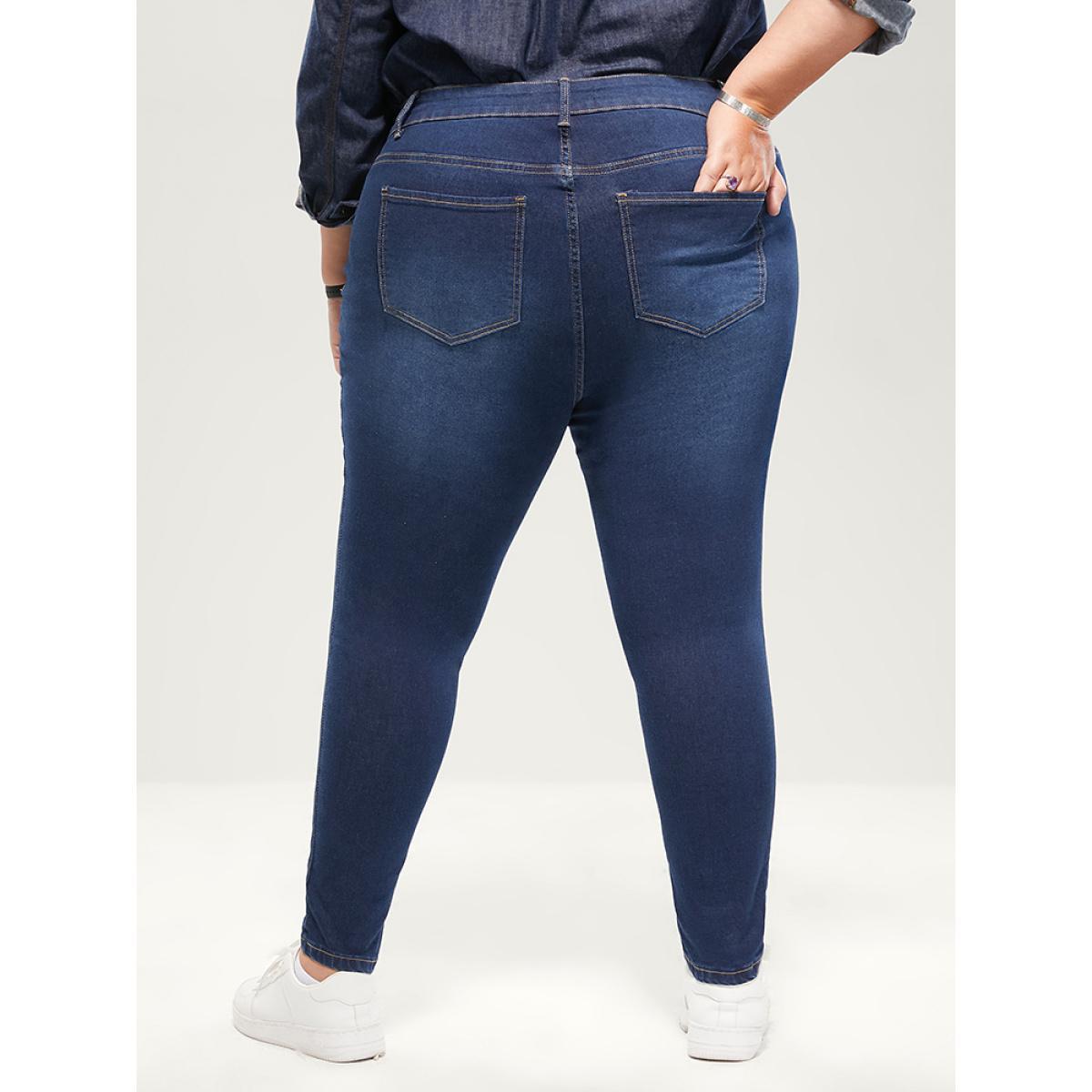 Plus Size Skinny Extremely Stretchy High Rise Dark Wash Distressed Jeans Women Blue Casual Plain Distressed High stretch Pocket Jeans BloomChic 20/2X Product Image