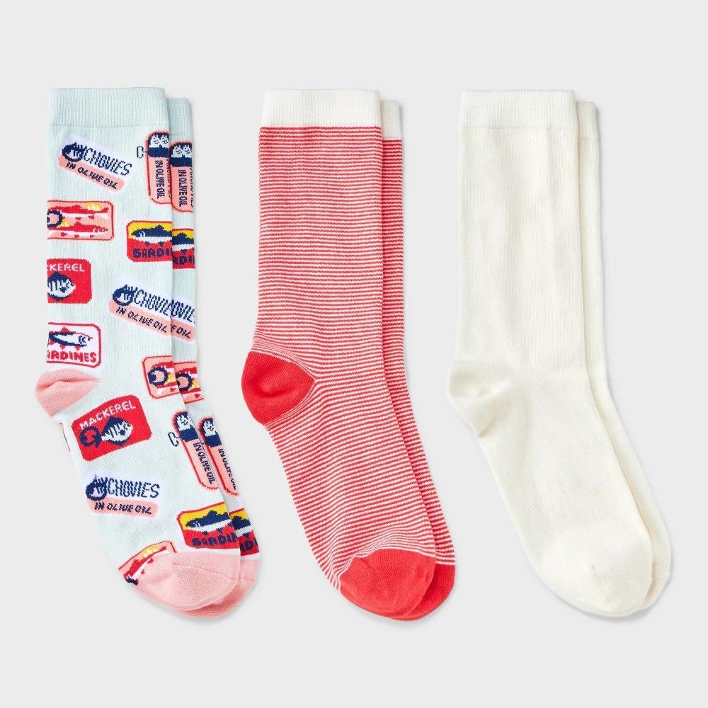 Women's Sardines 3pk Crew Socks - A New Day™ /Ivory/Red 4-10: Floral Knit, Tagless, Smooth Toe Seams Product Image