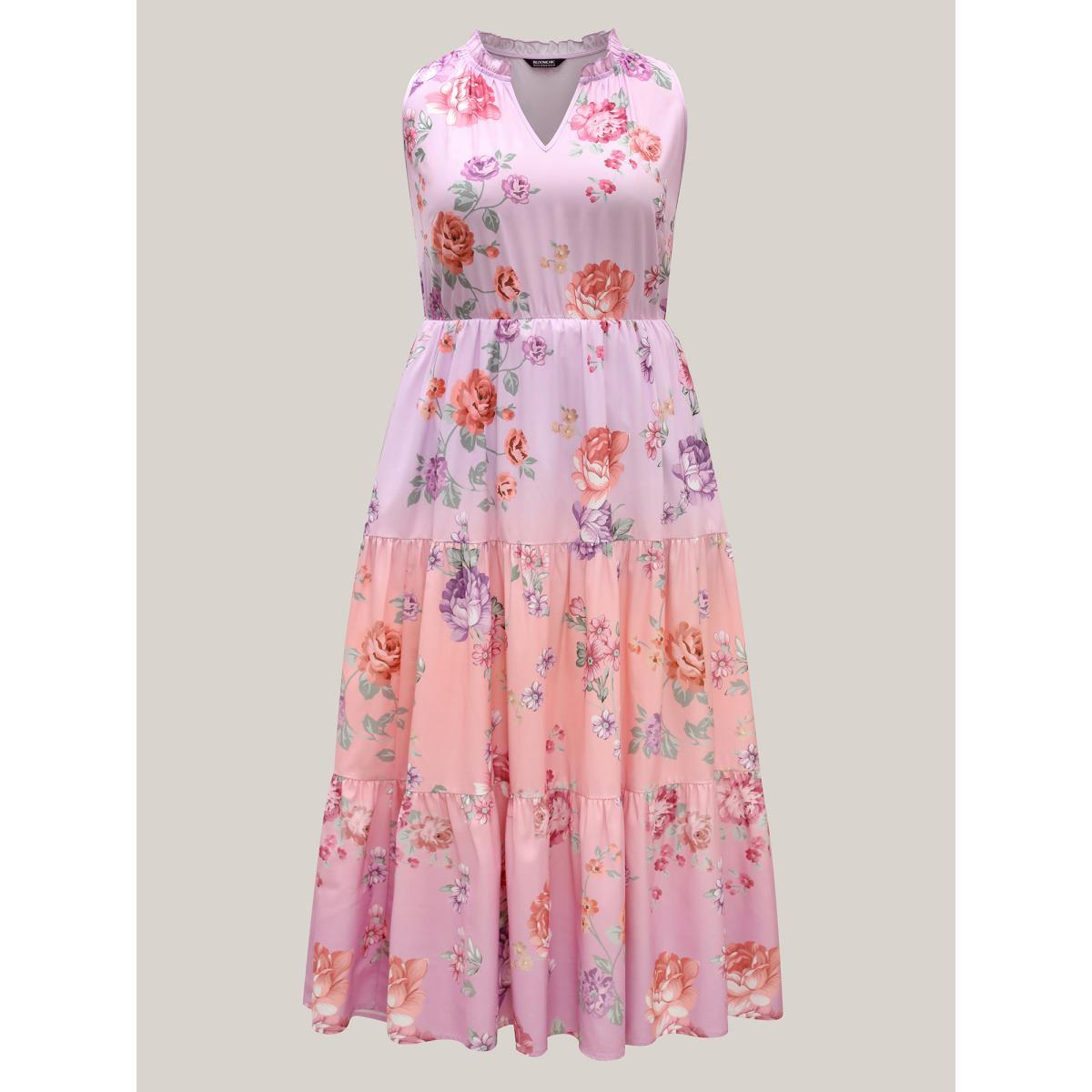 Plus Size Floral Print Pockets Gradient Maxi Dress Blush Women Notched collar Sleeveless Curvy BloomChic 14-16/1X Product Image