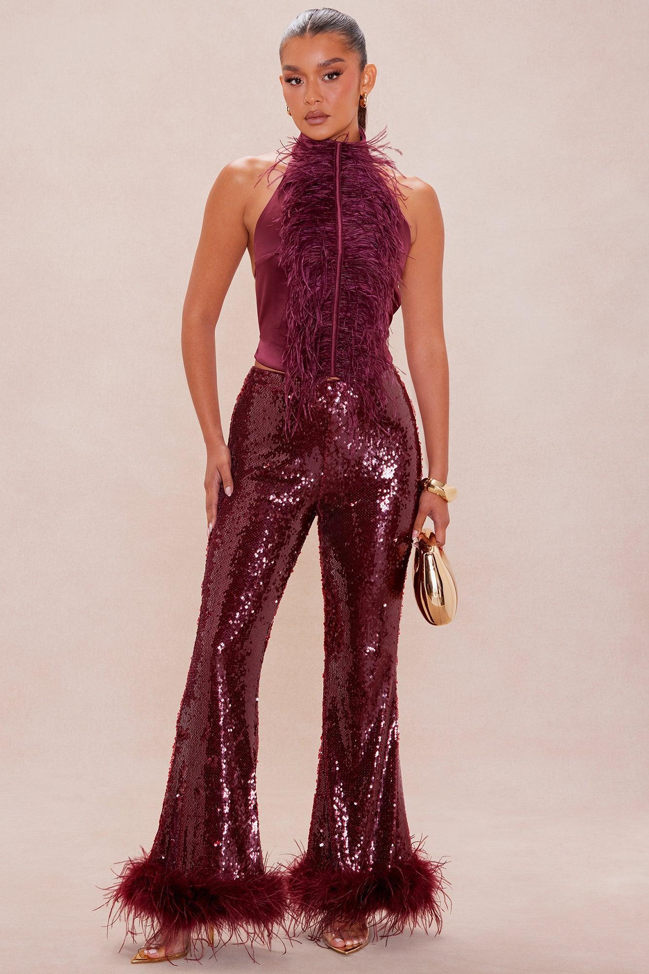 Miranda Feather Halter Top - Burgundy Female Product Image