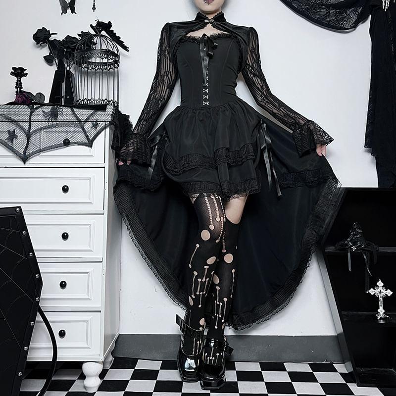 Strapless Plain Bow Lace Trim High Low A-Line Corset Dress Product Image