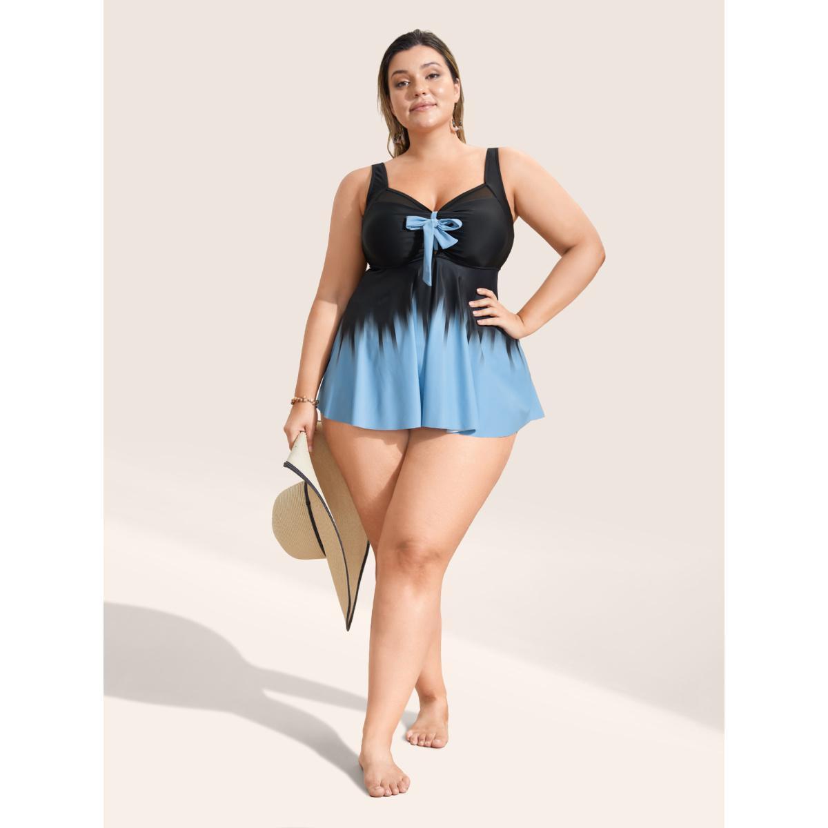 Plus Size Ombre Bowknot Ruched Mesh Patchwork Swim Top Women's Swimwear Black Beach Tie knot High stretch Bodycon Heart neckline Curve Swim Tops BloomChic 18-20/2X Product Image