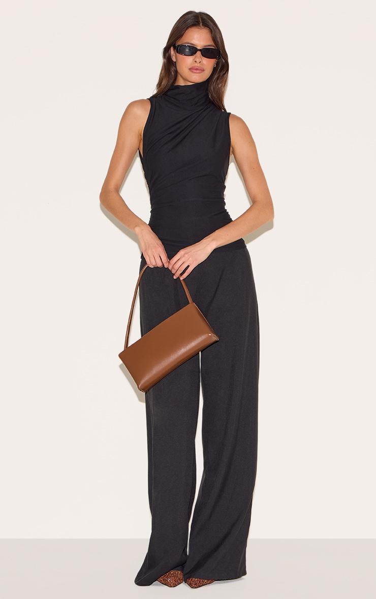 Black Soft Touch Ruched Side High Neck Top Product Image