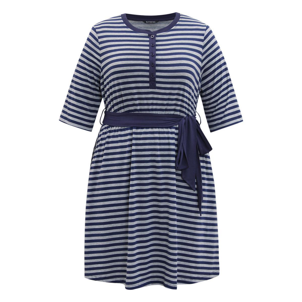 Plus Size Striped Pocket Button Up Belted Crew Neck Dress Indigo Women Casual Belted Round Neck Half Sleeve Curvy Midi Dress BloomChic 18-20/2X Product Image