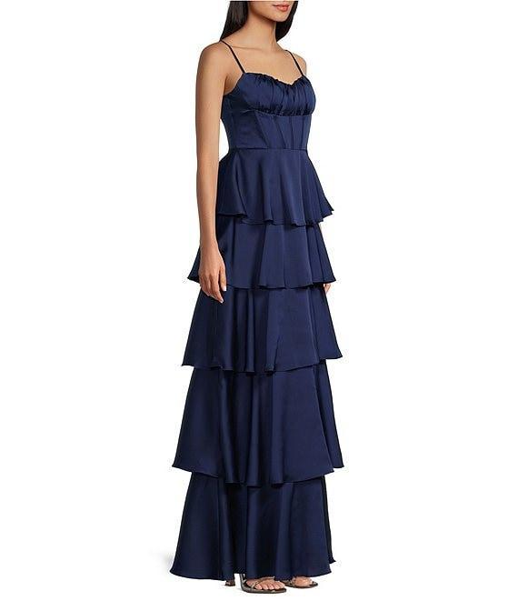 B. Darlin Satin Spaghetti Strap Emma Ruffle Skirt Dress Product Image