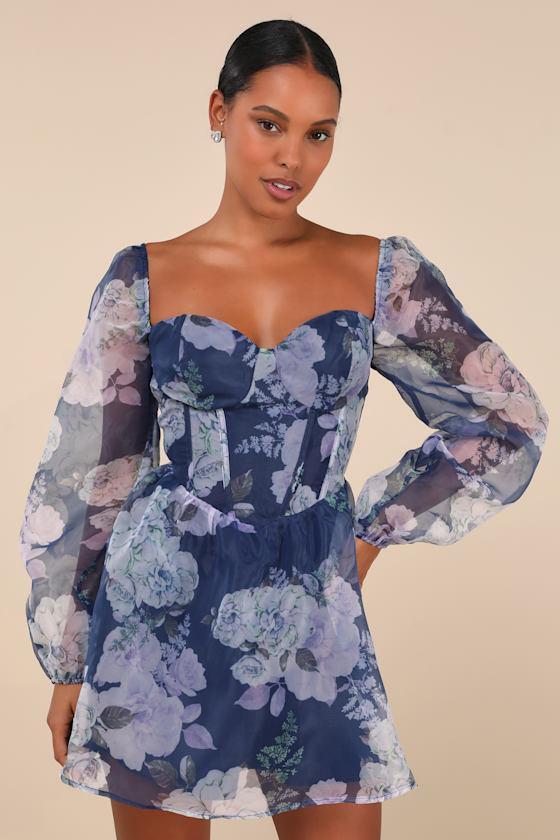Positively Enchanting Blue Floral Organza Bustier Mini Dress Product Image