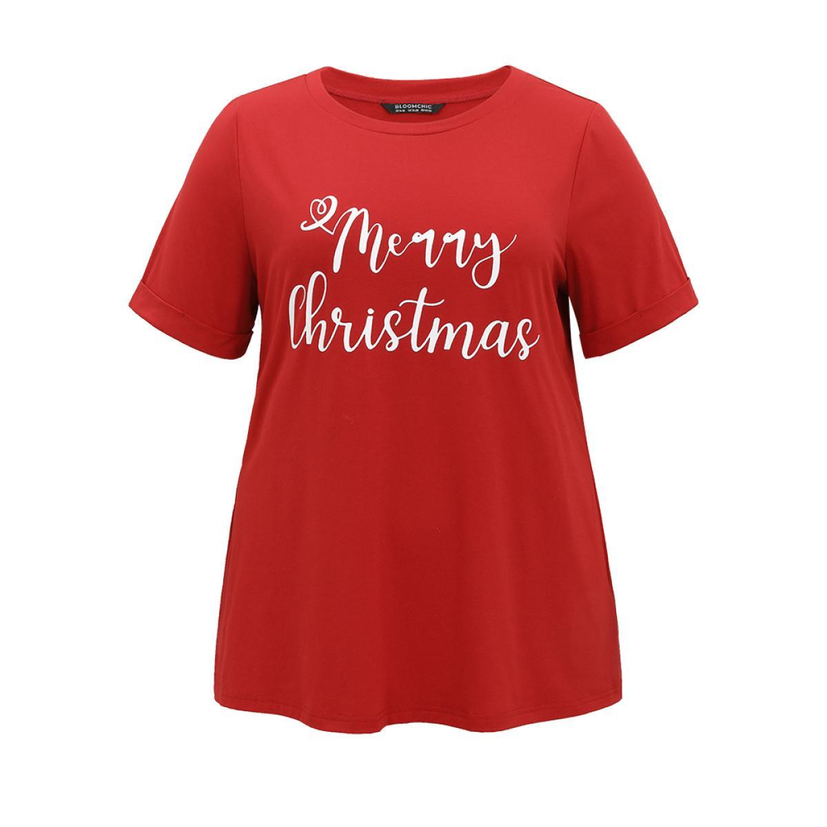 Plus Size Christmas Print Round Neck T-shirt Red Women Casual Printed Christmas Festival-Christmas T-shirts BloomChic 22-24/3X Product Image
