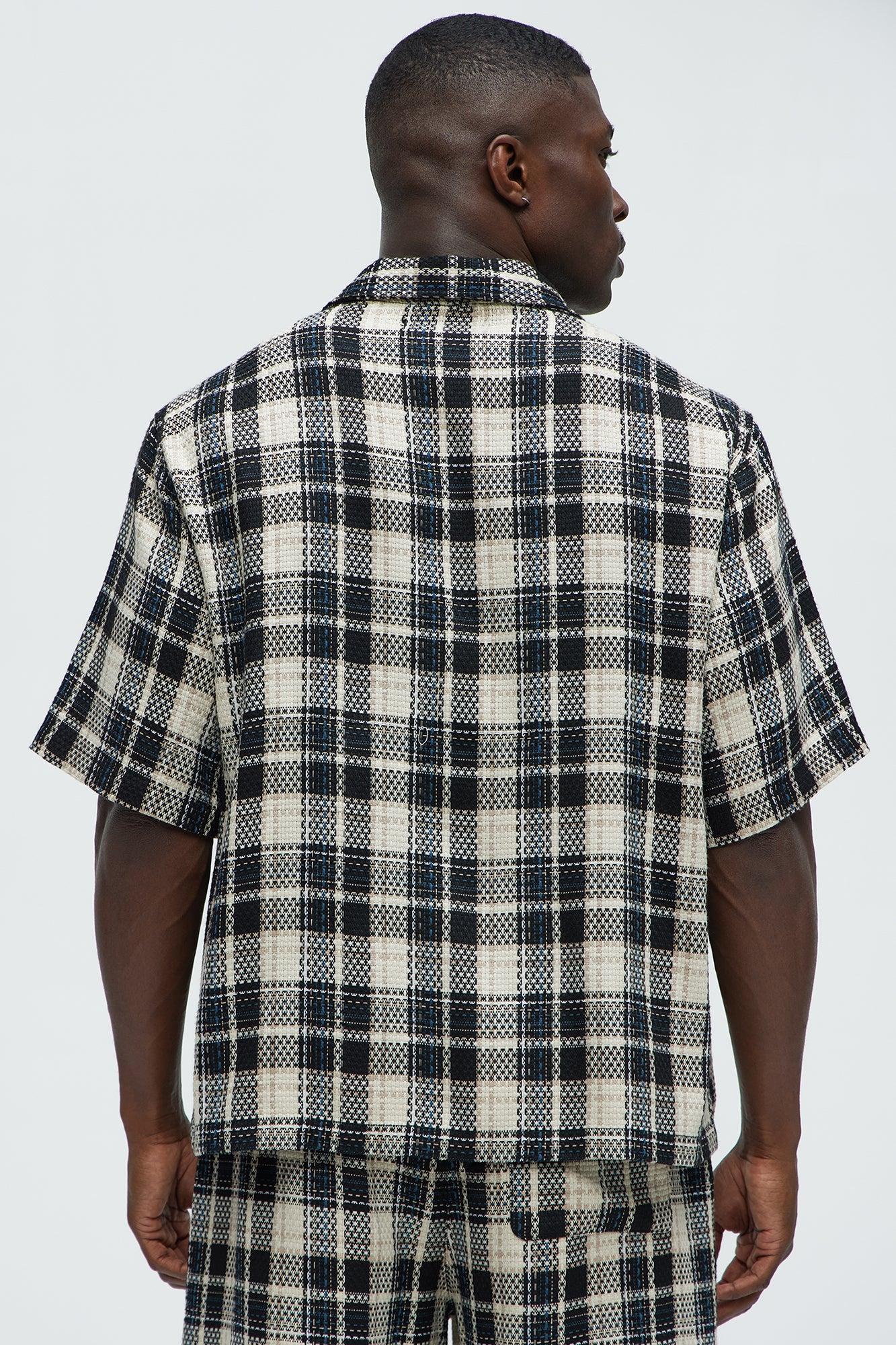 Plaid Basket Weave Cropped Button Up Shirt - Black/combo Product Image