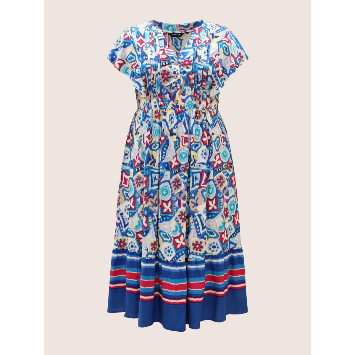 Plus Size Boho Print Pleated Ruffle Sleeve Dress Blue Women Resort Ruffles Notched collar Cap Sleeve Curvy BloomChic 28/5X Product Image