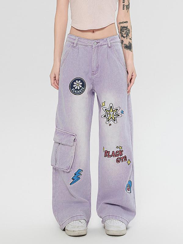 Graffiti Print Straight Cargo Jeans Product Image