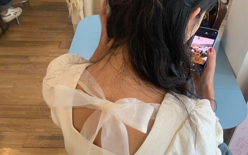 Long-Sleeve Ribbon Back Plain Blouse Product Image