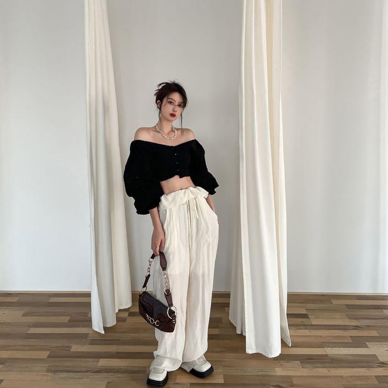 Bell-Sleeve Off-Shoulder Perforated Crop Blouse Product Image