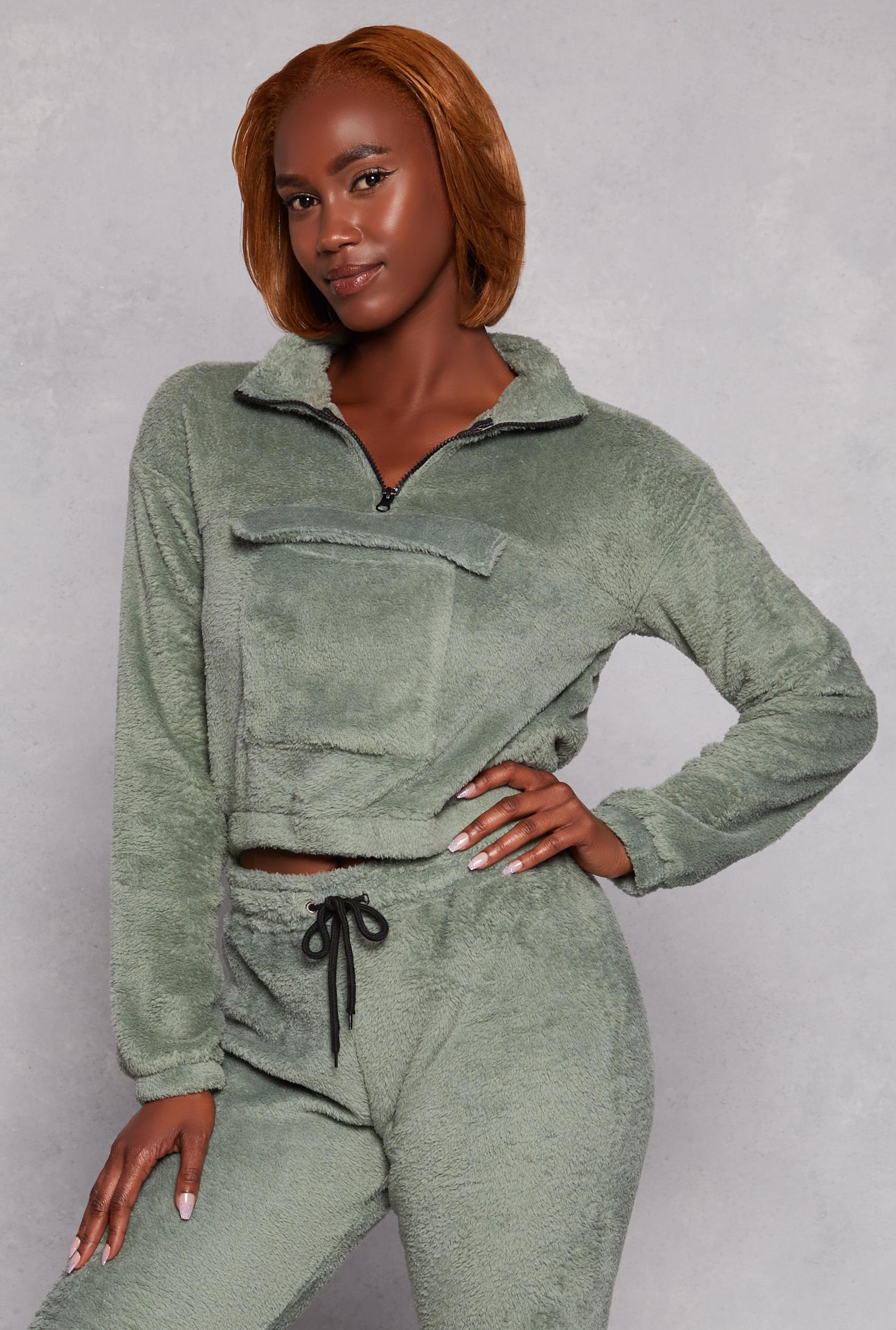 Womens Plush Flap Pocket Half Zip Sweatshirt Product Image