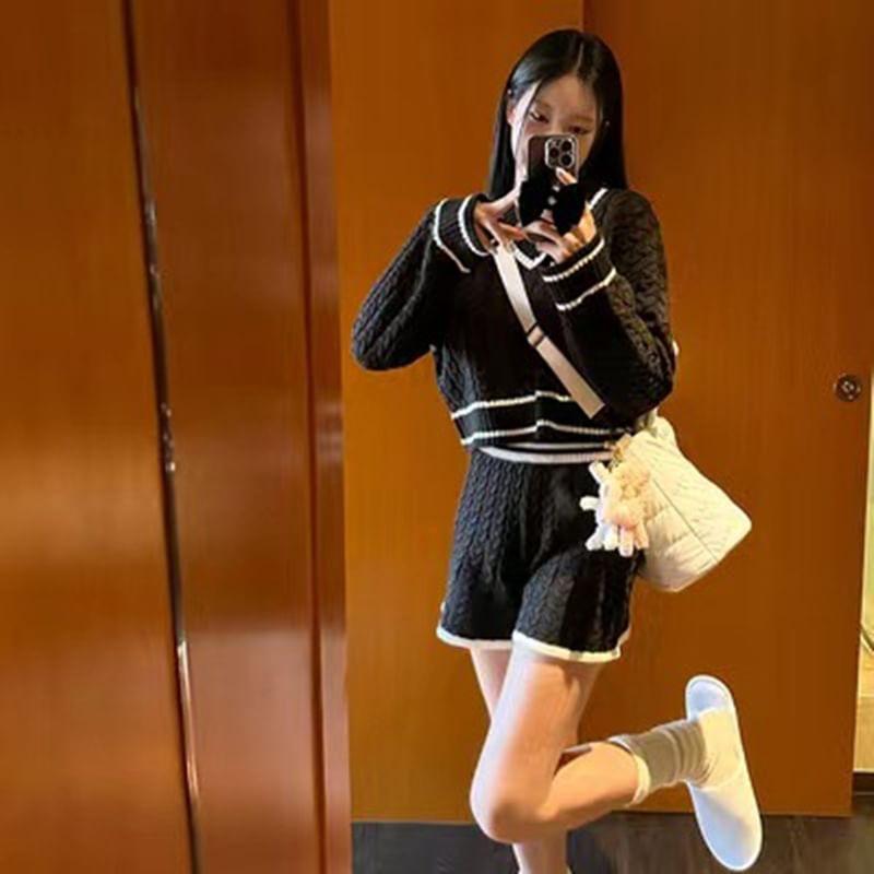 Set: Long-Sleeve Contrast Trim Knit Polo Shirt + Shorts Product Image