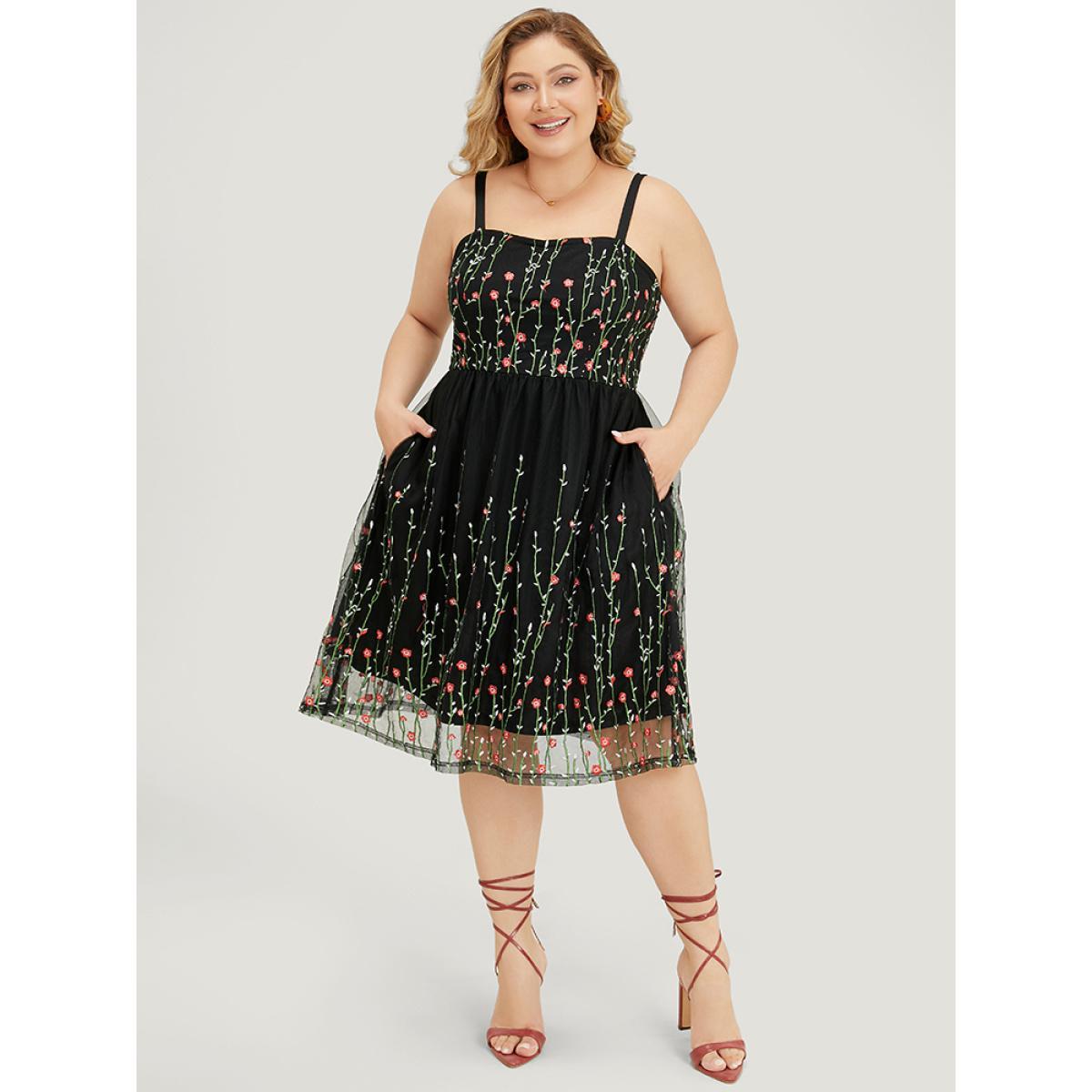 Plus Size Floral Embroidered Mesh Ruffle Hem Pocket Cami Dress Black Women Glamour Adjustable Straps Spaghetti Strap Sleeveless Curvy Knee Dress BloomChic 22-24/3X Product Image