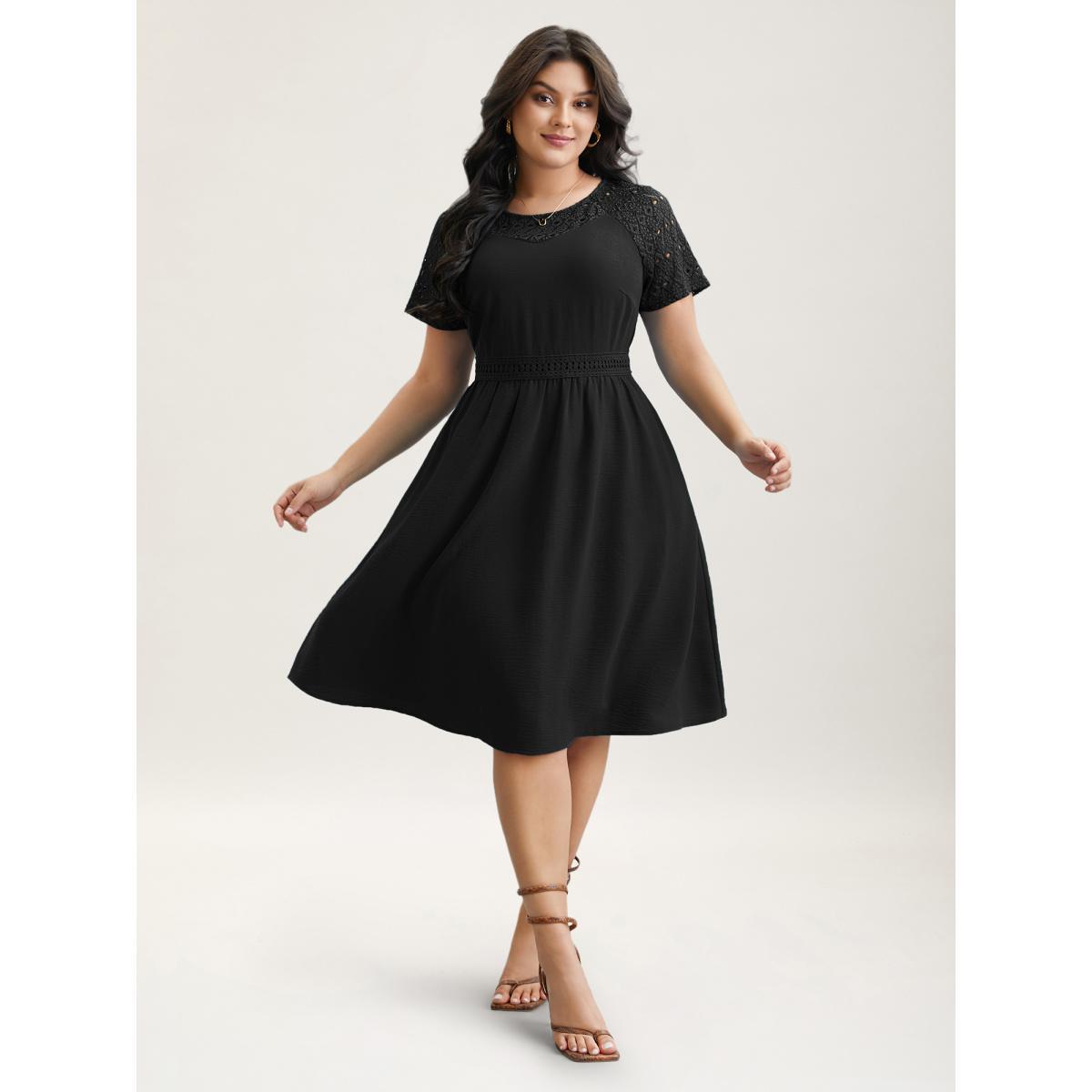 Plus Size Lace Cut-Out Raglan Sleeve Pockets Midi Dress Black Women Elegant Woven ribbon&lace trim Round Neck Short sleeve Curvy BloomChic 14-16/1X Product Image