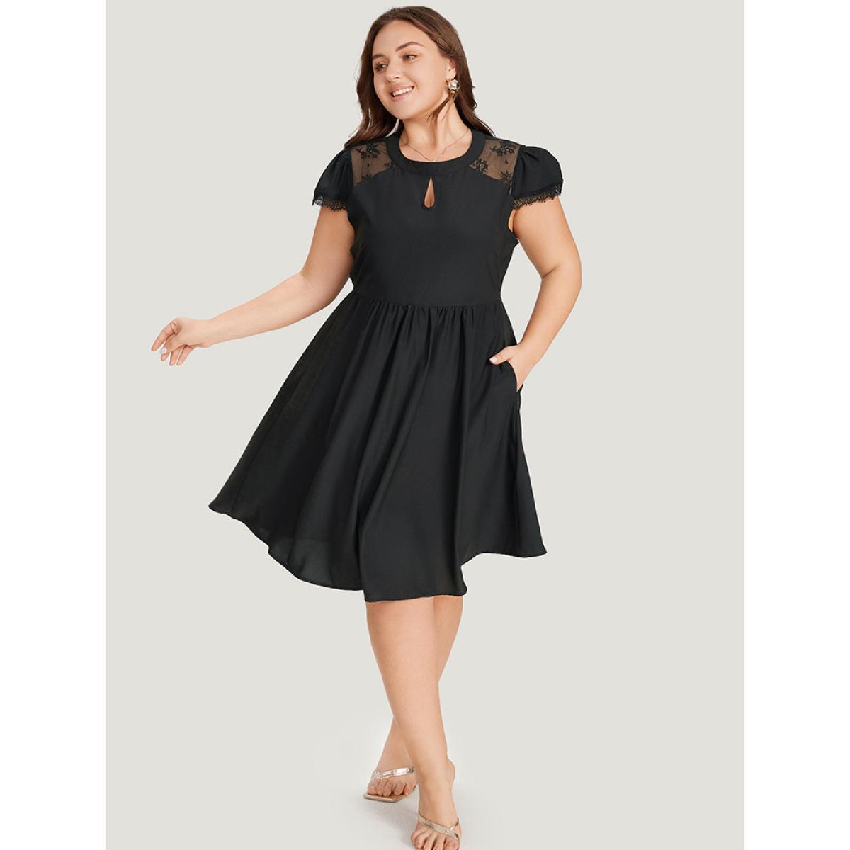 Plus Size Crochet Lace Keyhole Cap Sleeve Gathered Dress Black Women Elegant Round Neck Cap Sleeve Curvy Knee Dress BloomChic 12/L Product Image