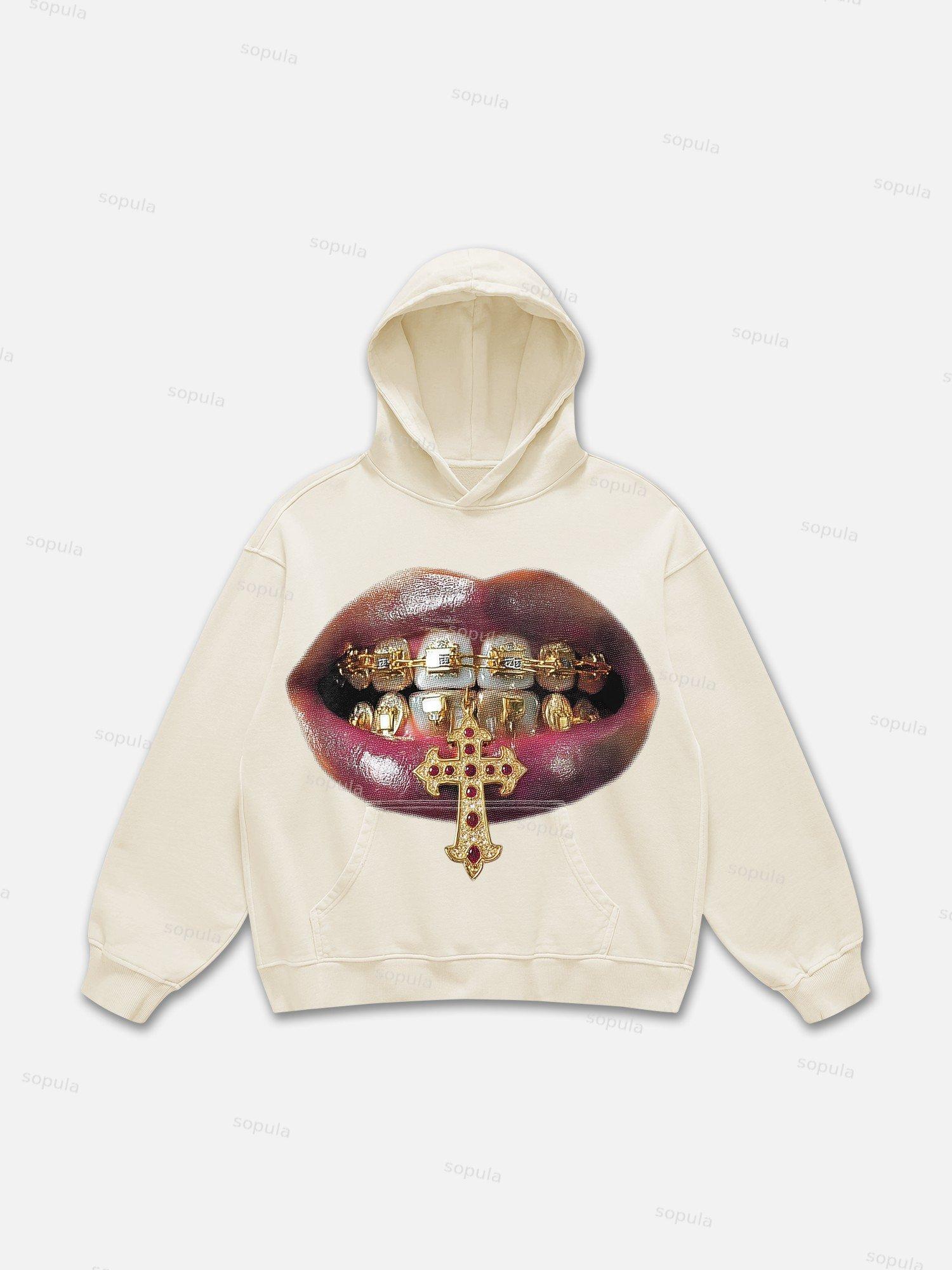 High-quality Golden Cross Gem Patch Grills Print Hoodie Product Image