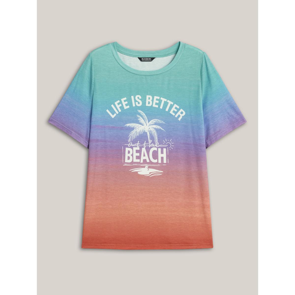 Plus Size Gradient Beach Print Fitted T-Shirt Multicolor Women Casual Contrast Tropical Round Neck Everyday T-shirts BloomChic 14-16/1X Product Image