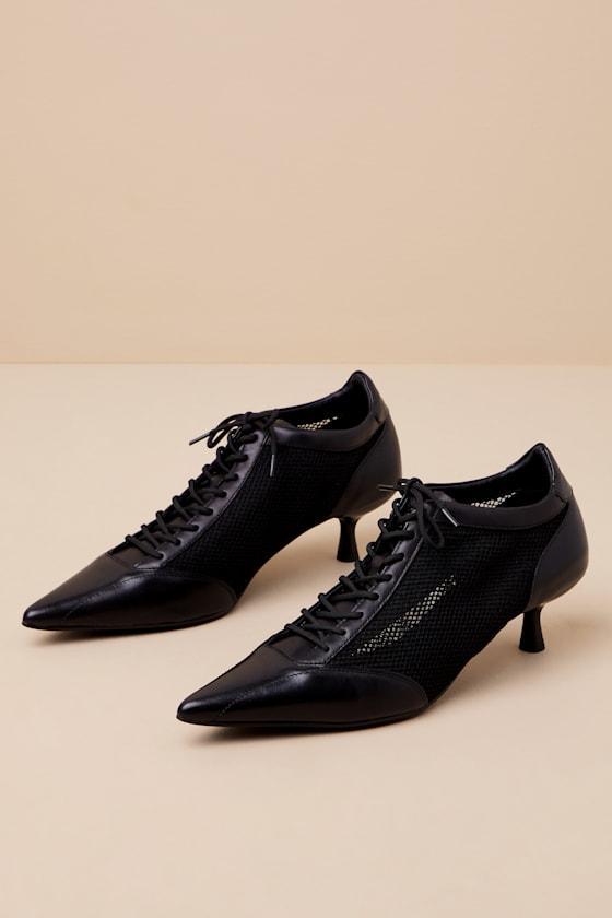 Lykke Black Leather Mesh Lace-Up Kitten Heel Pumps Product Image