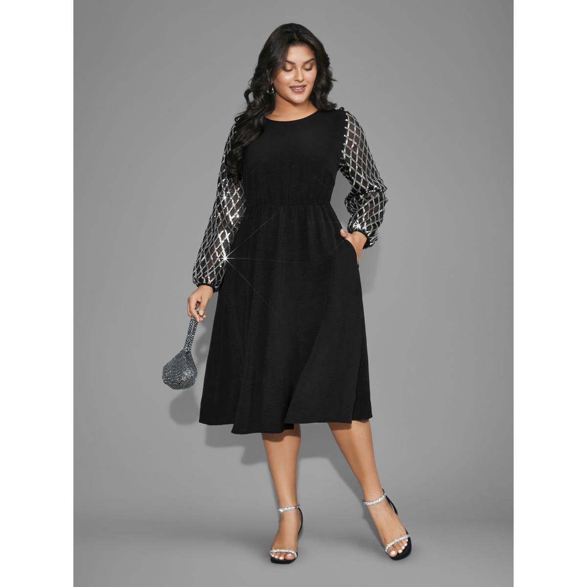 Plus Size Texture Sequin Mesh Patchwork Belted Dress Black Women Cocktail Texture Round Neck Long Sleeve Curvy BloomChic 26/4X Product Image