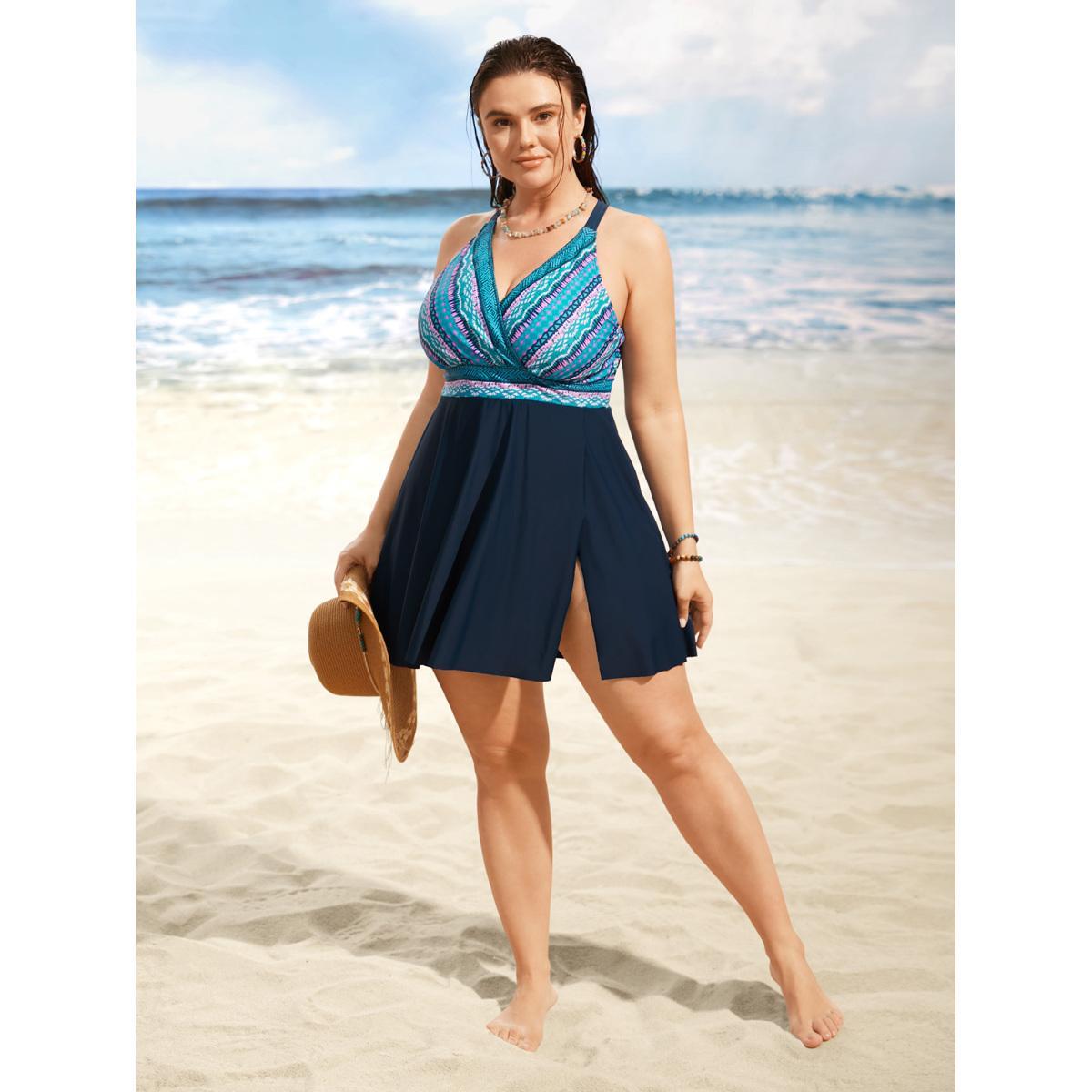 Plus Size Overlap Collar Bandana Patchwork Split Hem Swim Dress Women's Swimwear Indigo Beach Bodycon Overlap Collar High stretch Curve Swim Dresses BloomChic 10/M Product Image