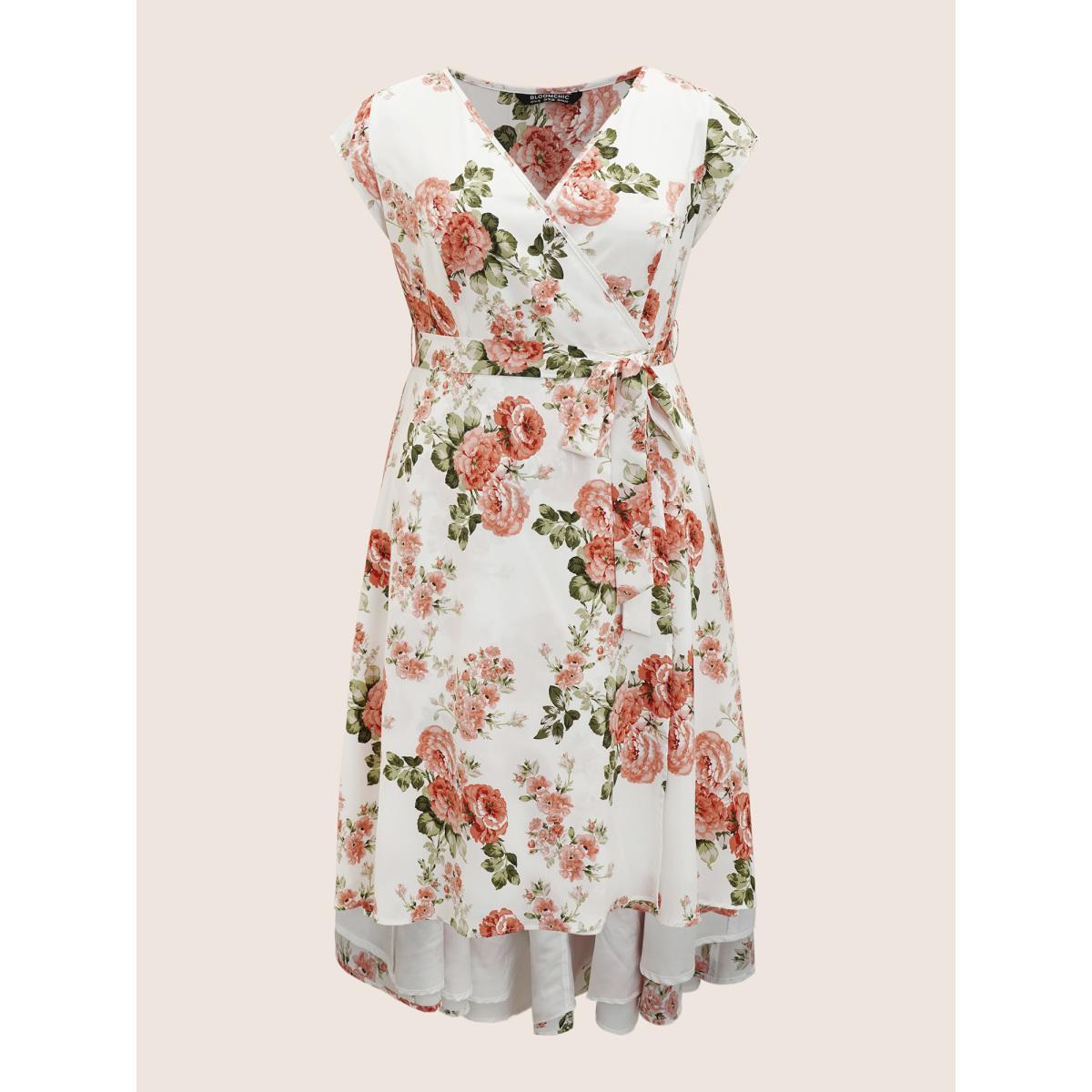 Plus Size Surplice Neck Floral Cap Sleeve Dress Ivory Women Elegant Texture V-neck Cap Sleeve Curvy BloomChic 22-24/3X Product Image