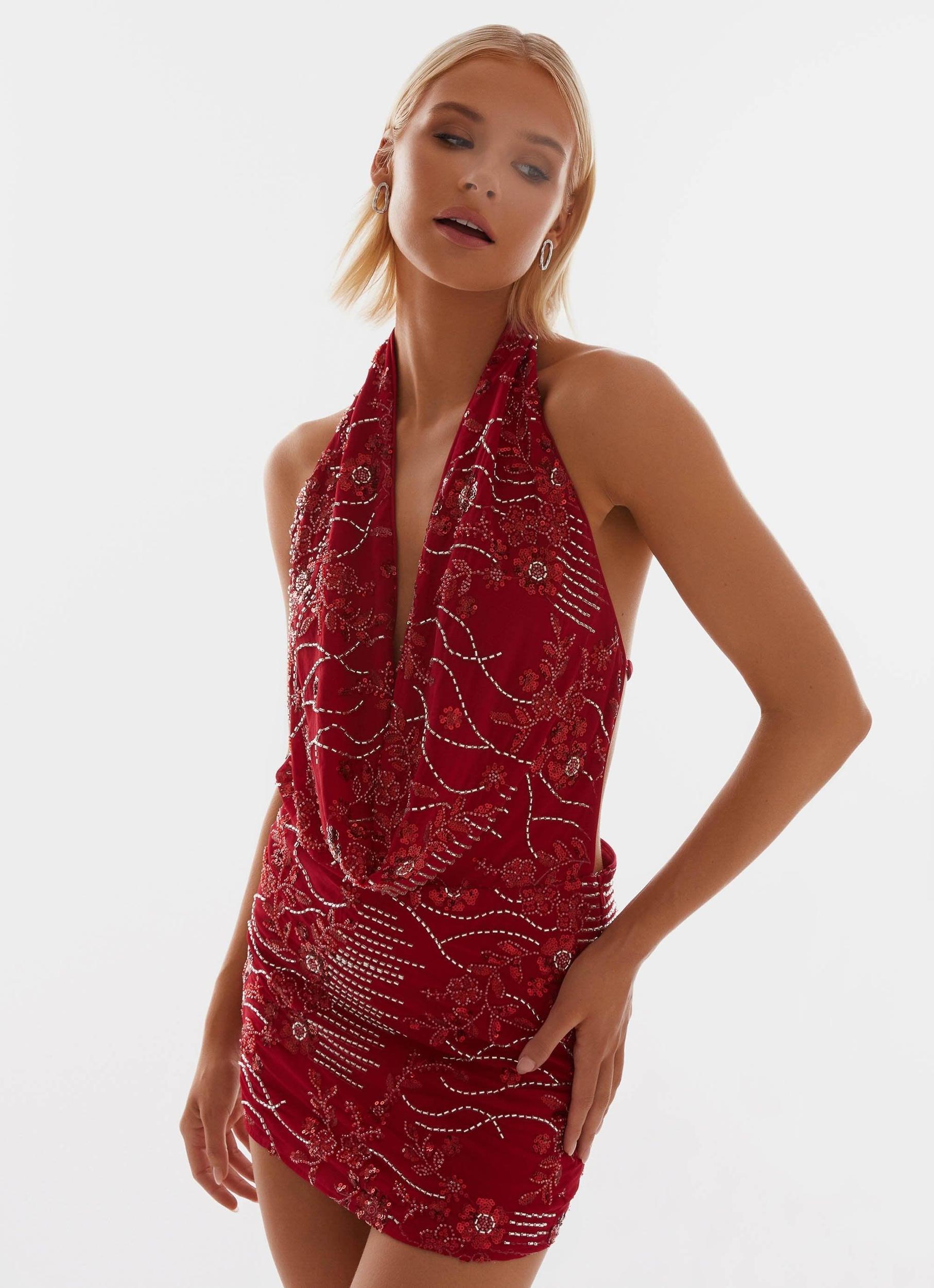 Olisa Cowl Neck Beaded Mini Dress - Red Product Image