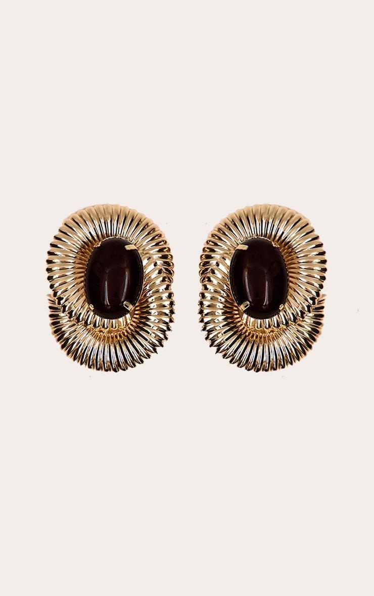 Gold Ribbed Oversized Gem Statement Stud Earrings Product Image