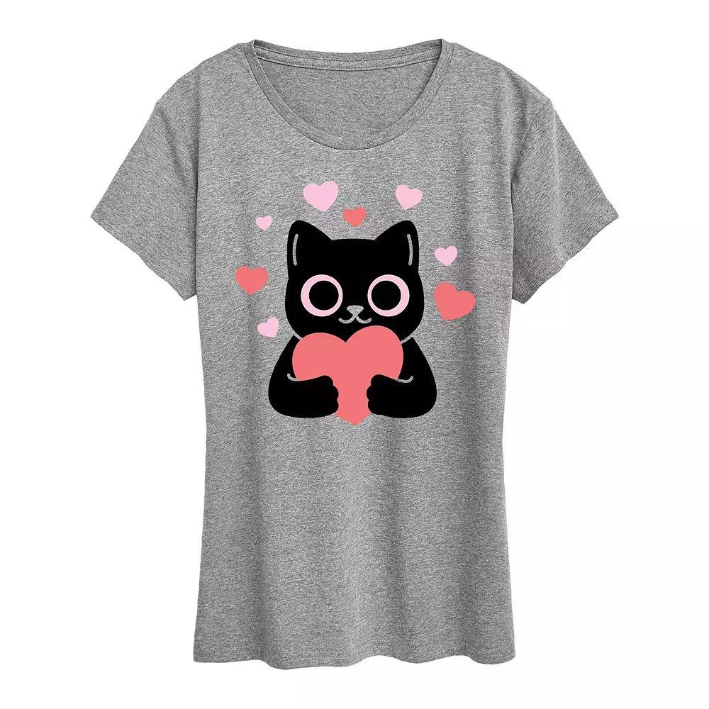 Womens Cat With Hearts Graphic Tee Grey Gray Product Image
